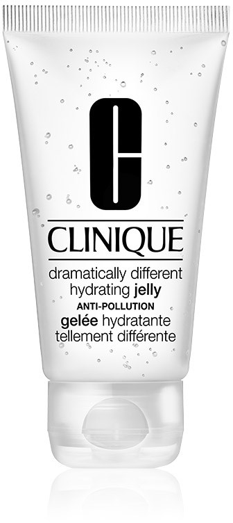 Een witte tube met het label Clinique, met zwarte tekst, toont een hydraterende gel tegen vervuiling met bubbels op het oppervlak.