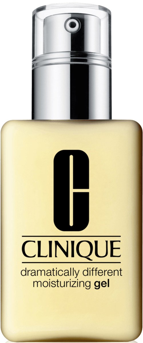 En gul flaska med silverlock, märkt 'Clinique' och 'dramatically different moisturizing gel'.