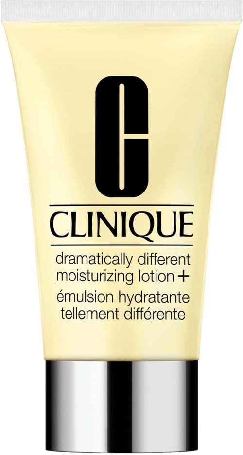 En Clinique återfuktande lotionrör med svart logga och gul förpackning.