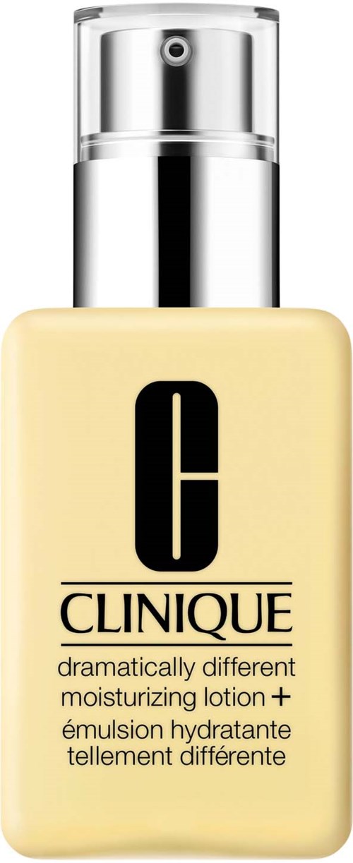A Clinique lotion bottle with a pump, labeled as a moisturizing and hydrating lotion, in yellowish color.