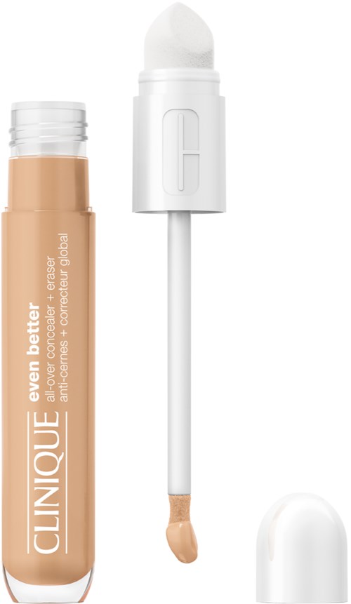Clinique Concealer Stift mit weißem Deckel und beige flüssigem Concealer. Enthält einen Schwamm und einen Deckel.