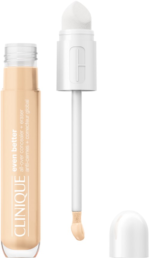 En beige flaska med en vit applikatorstift och en vit kork. Det är en täckgrupp från Clinique.