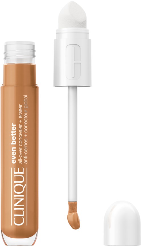 En concealerstift med vit lock och en applikatorstav, märkt "Clinique Even Better All-Over Foundation + Concealer Bubble."