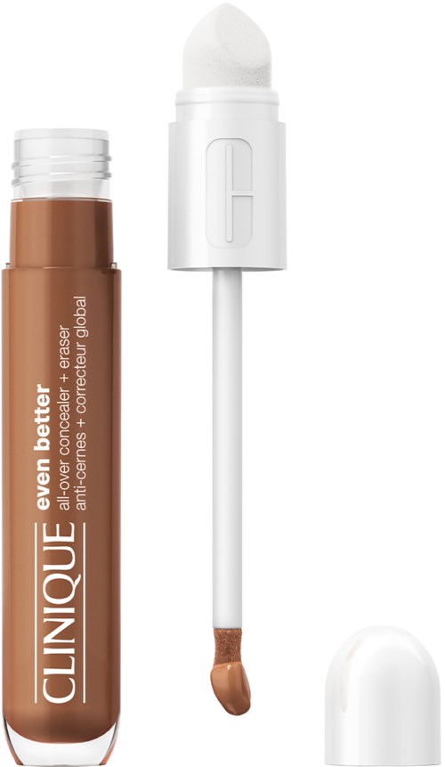 It shows a Clinique lip balm stick with applicator wand and cap, in brown and white colors.