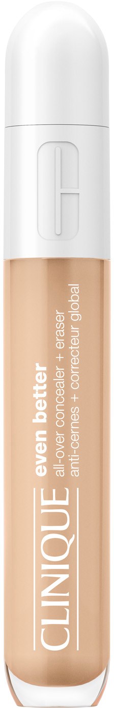 Beige flüssiger Concealer in einem transparenten Röhrchen mit weißem Deckel und Applikator. Die Marke ist Clinique.