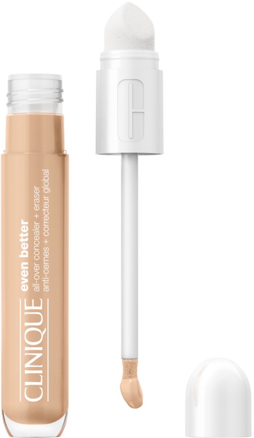 Ein Concealer-Stift mit beige Farbe, Applikator und weißem Deckel.