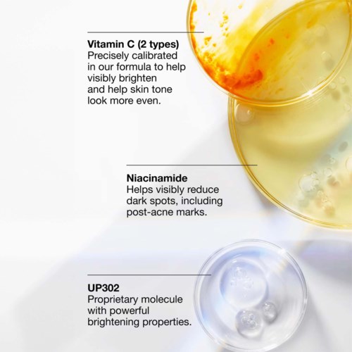 Information om hudförbättrande ingredienser: C-vitamin, Niacinamide och UP302. De hjälper till att förbättra hudtonen och minska mörka fläckar.