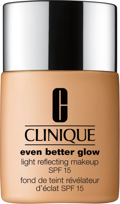En flaska Clinique-foundation med märket 'even better glow', SPF 15, i en beige flaska med svart lock.