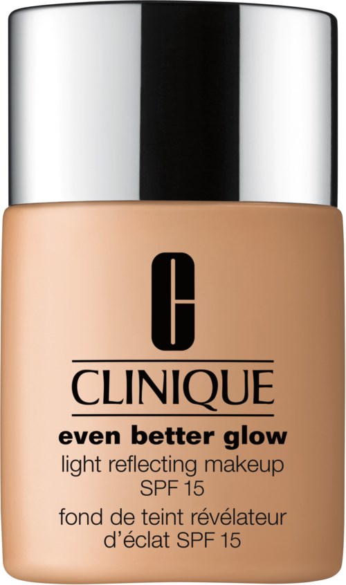 En flaske Clinique foundation med sølvhette, merket 'even better glow' og SPF 15.
