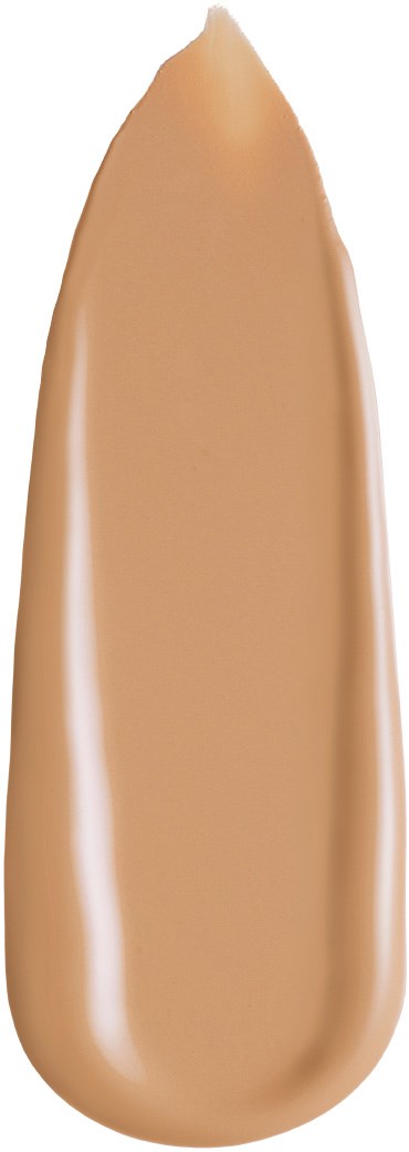 En beige oval form med spiss tupp, som ligner på en foundation- eller concealerprodukter.