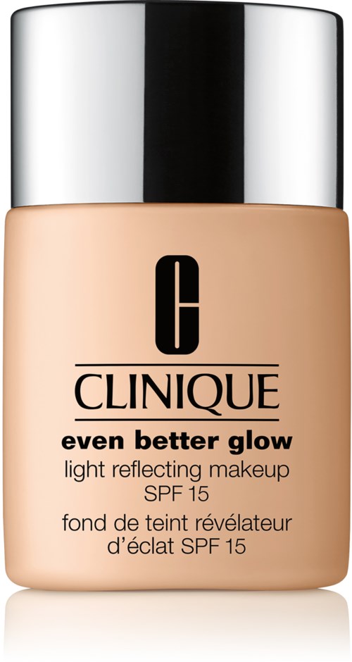 En flaska Clinique foundation med en silverlock, märkt 'even better glow' och SPF 15.