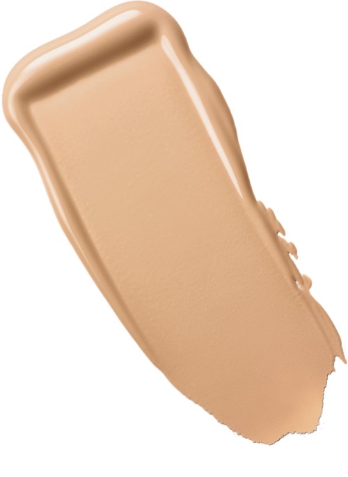 En beige flytende foundationprøve med glatt, kremaktig tekstur og avrundede kanter.