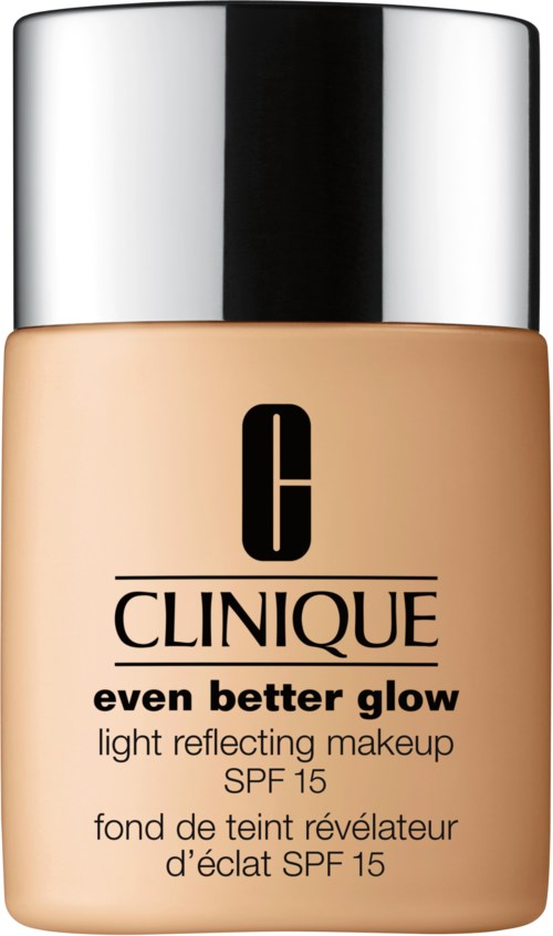 Beige pullo, jossa on hopeinen korkki, ja teksti 'Clinique' ja 'even better glow', viittaa meikkituotteeseen, jossa SPF 15.