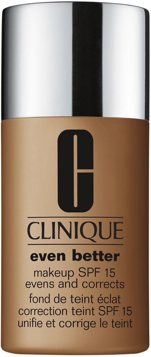 butelka podkładu Clinique z SPF 15, oznaczona 'even better', w beżowej butelce z srebrną nakrętką.