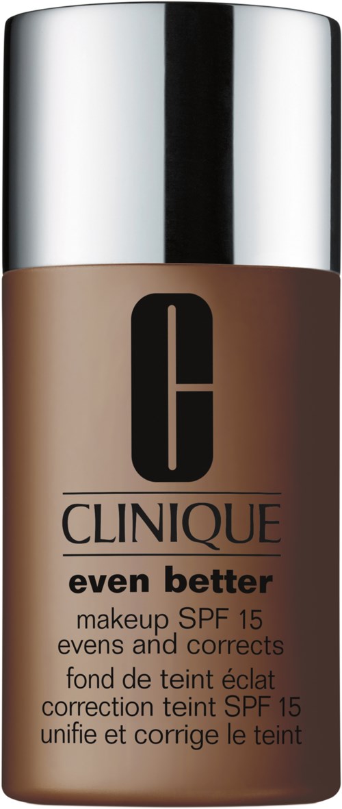 En flaske Clinique-foundation med sølvhætte, mærket "even better" og SPF 15 til hudkorrigering.