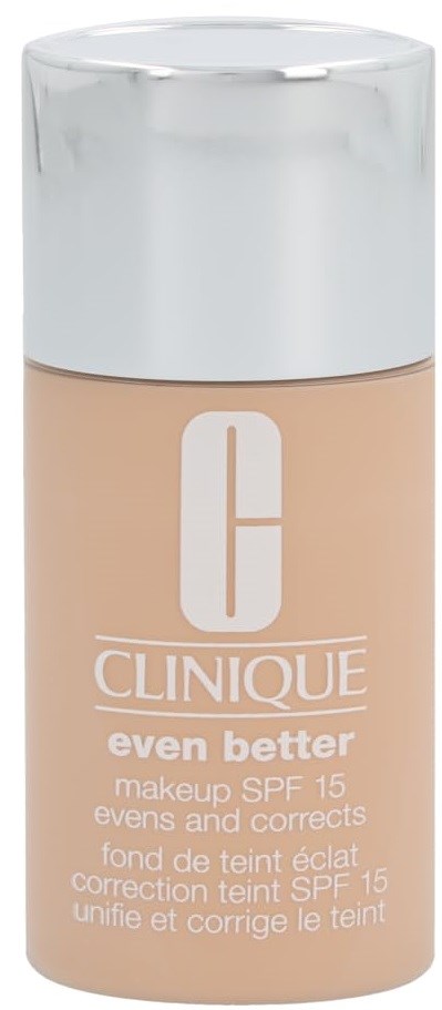 En beige flaske fra Clinique med SPF 15, kaldet "even better," står oprejst med en hvid låg.