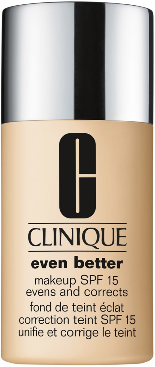 Foundationflaske med sølvhette og beige væske inni, merket Clinique Even Better med SPF 15.