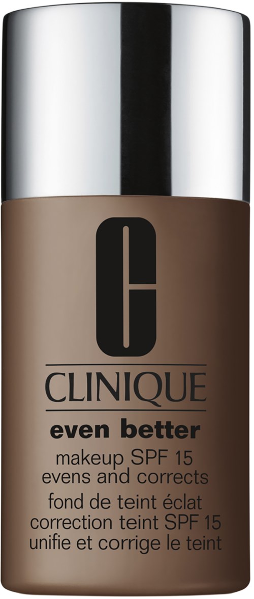 En flaske Clinique foundation med sølvhætte, mærket "even better" og SPF 15.