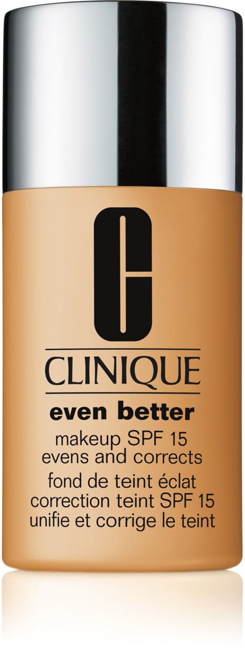 En flaske Clinique foundation med sølvhætte, mærket 'even better' og SPF 15, designet til at forbedre hudtonen.