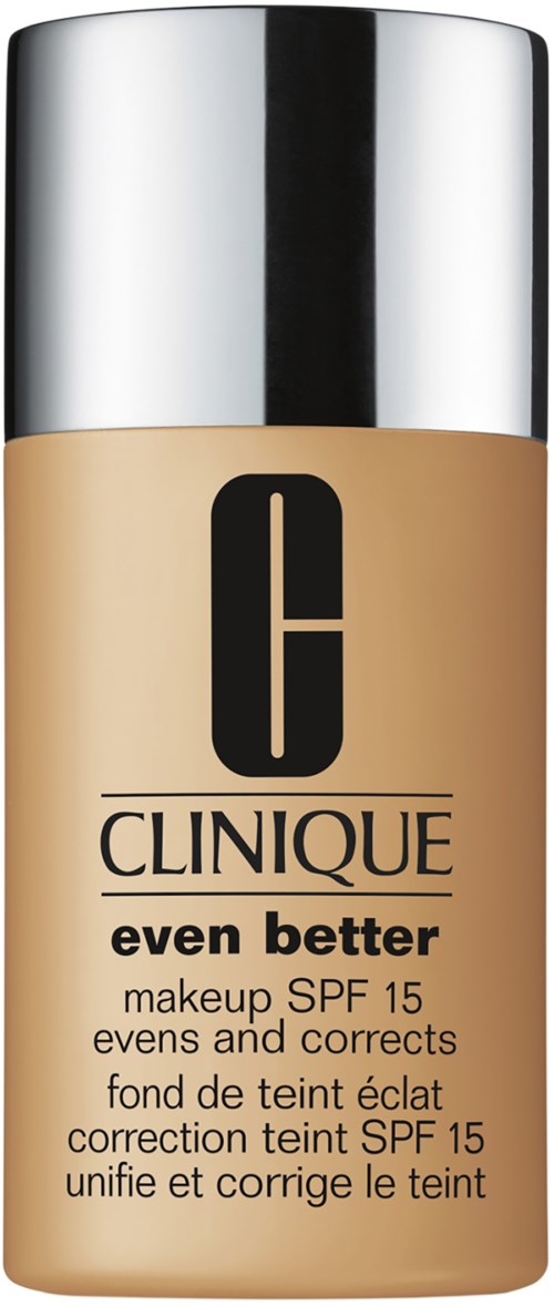 butelka podkładu Clinique 'even better' z SPF 15, mająca na celu poprawę kolorytu skóry i korektę niedoskonałości.