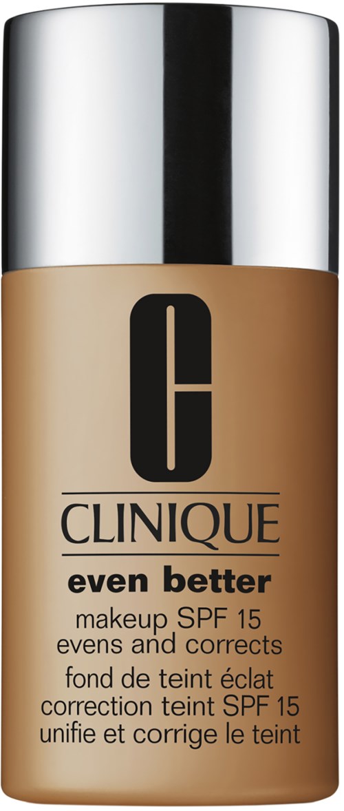 Butelka podkładu Clinique 'even better' z SPF 15, beżowy kolor i srebrna nakrętka.
