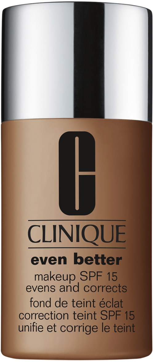 En flaske Clinique even better makeup med SPF 15. Flaskan er beige med en sølv hætte.