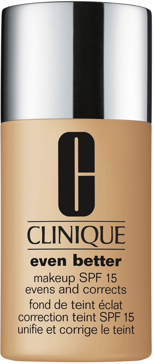 En foundationflaske med sølvlokk, merket "Clinique even better" med SPF 15 for hudkorrigering.