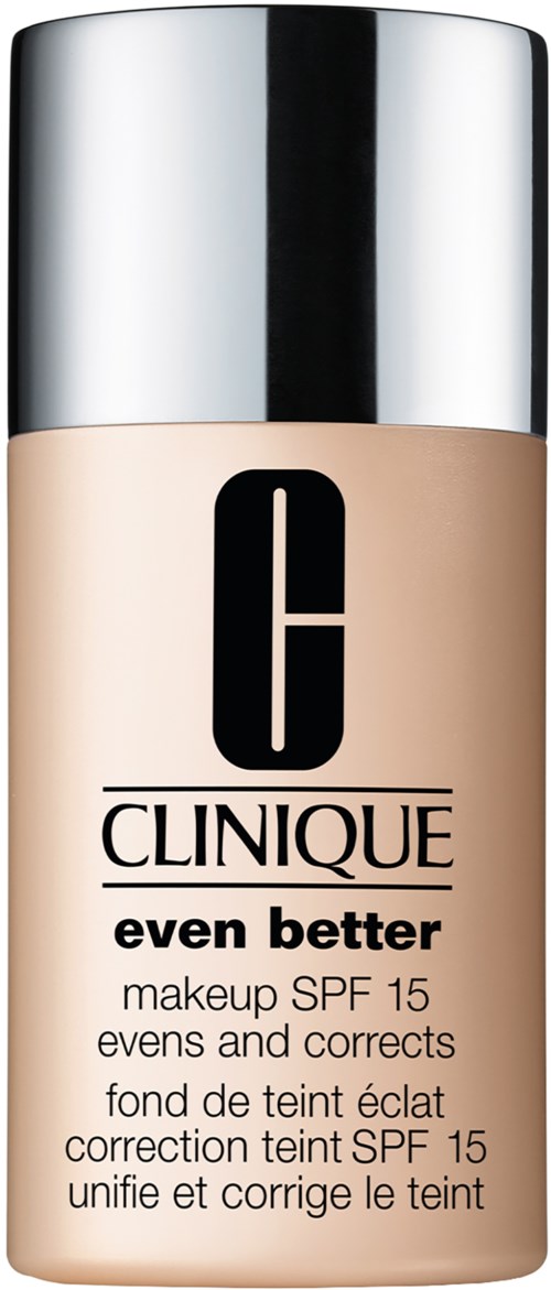 En flaske Clinique foundation mærket 'even better' med SPF 15, sølvshede, og beige væske indeni.