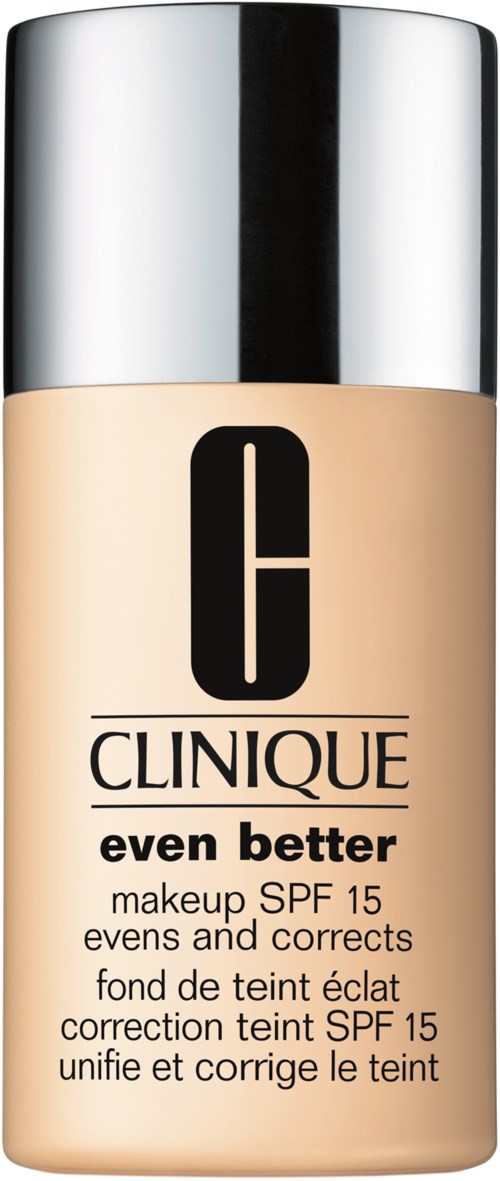 En flaske Clinique-make-up med SPF 15, merket 'even better,' i beige farge med en blank sølvkork.