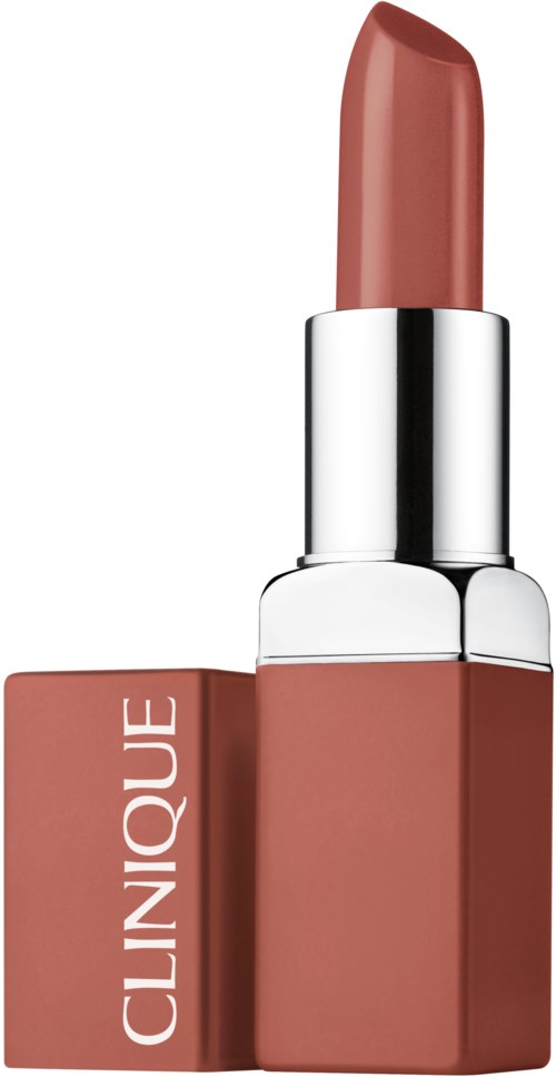 Ein Lippenstift in brauner Nuance mit silberner und rosa Verpackung.