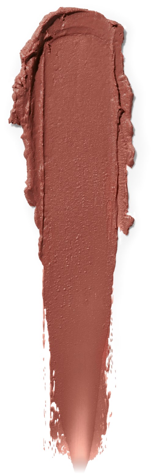Ein Streifen braunen Make-up, möglicherweise Lippenstift oder Lidschatten, auf weißem Hintergrund.