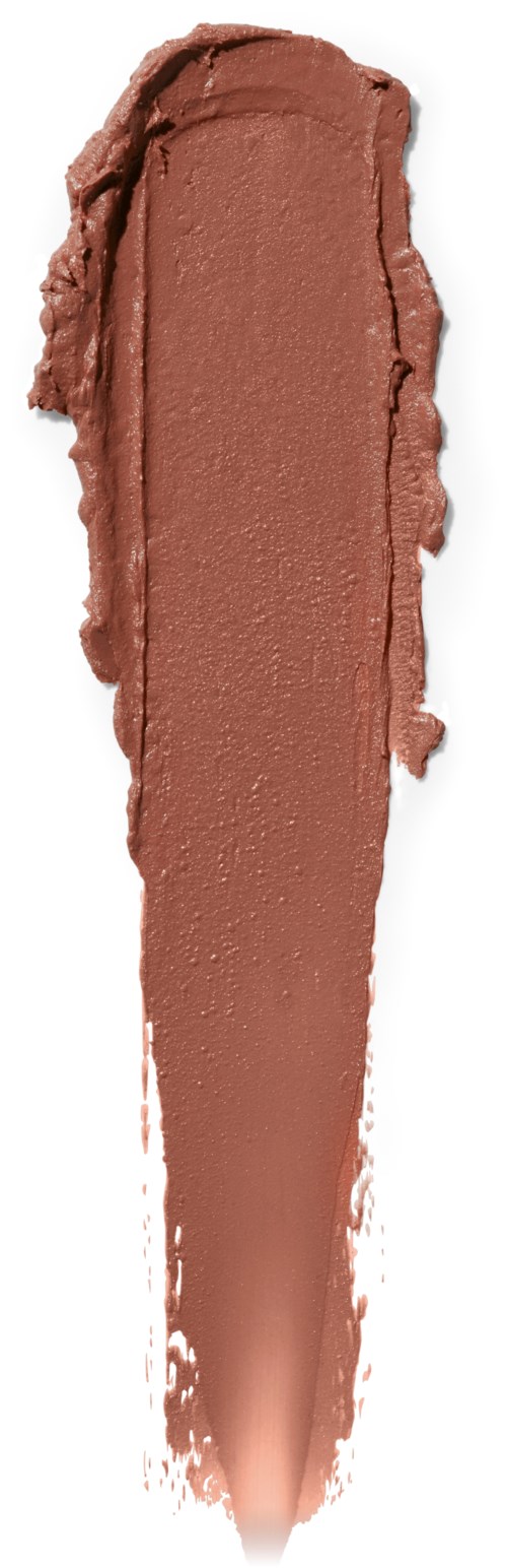 En brun makeup- eller læbestiftprøve viser en cremet, glat applikation med en let tekstureret kant.