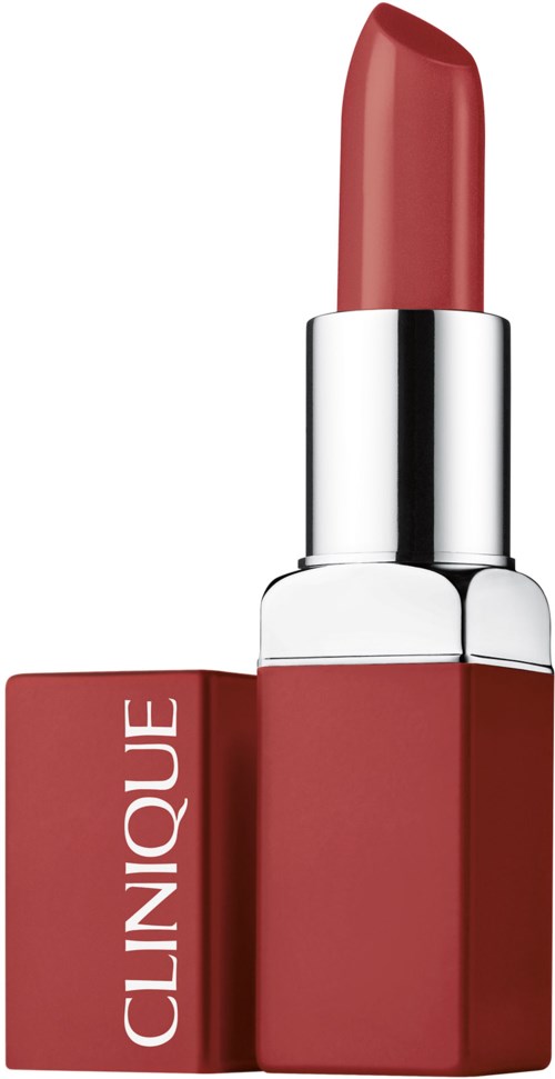 Roter Lippenstift in einer silberfarbenen Hülse mit passendem roten Karton, beschriftet "CLINIQUE."