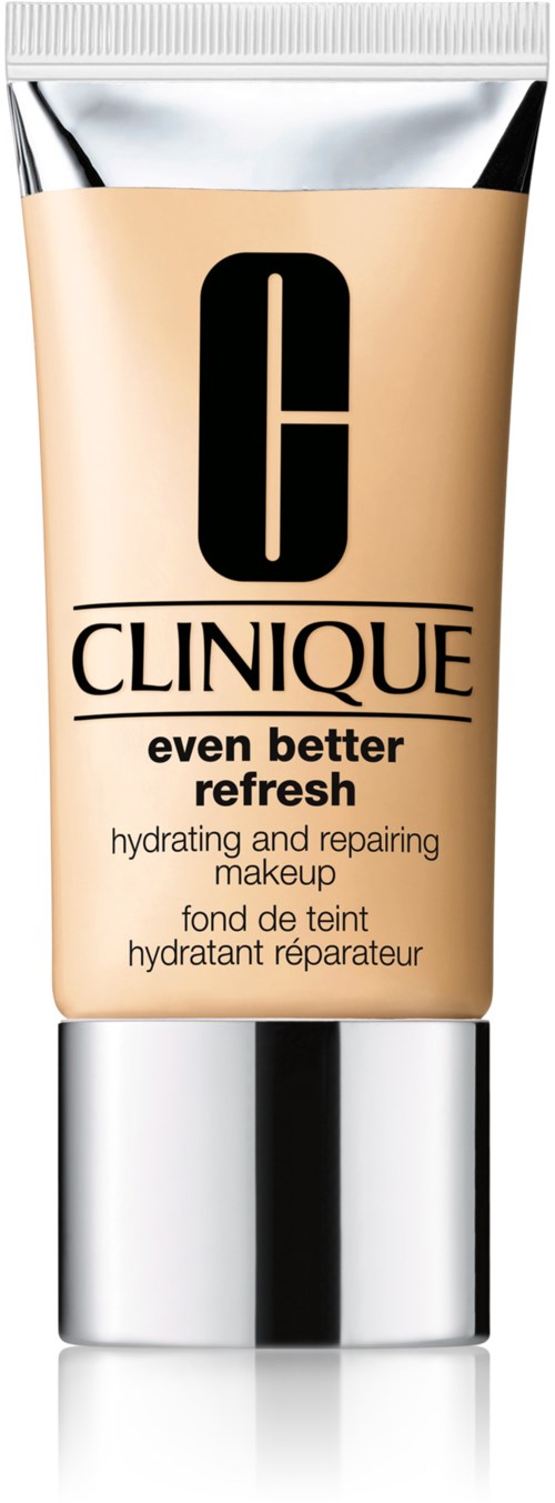 En beige tub av Clinique-makeup med svart och silverdetaljer, märkt 'Even Better Refresh'.