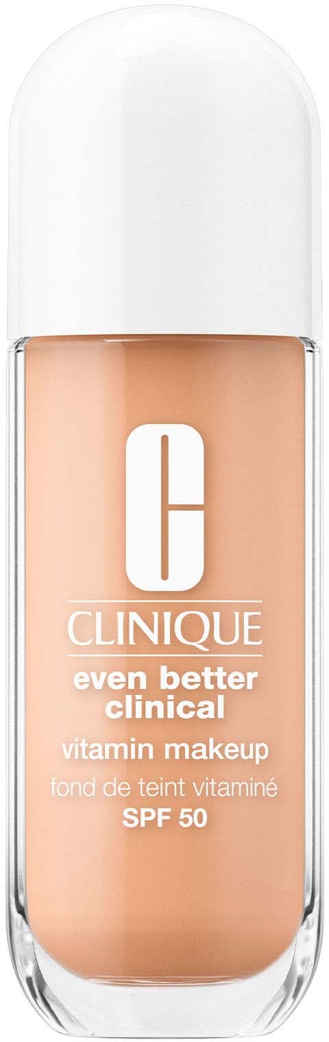En flaska Clinique Vitamin Makeup med SPF 50, ljus hudton, och vit lock.