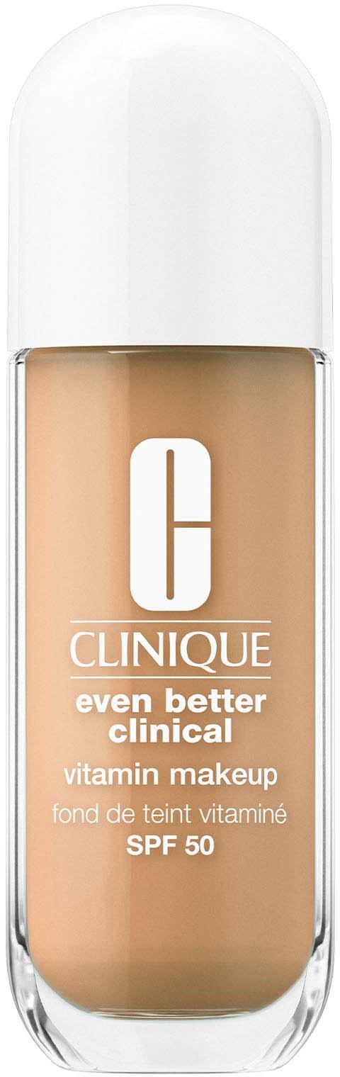 En flaska Clinique vitamin makeup foundation med SPF 50, beige färg och vit kapsel.