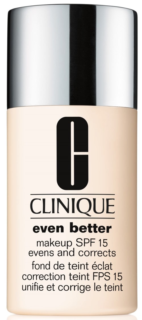 En flaske Clinique makeup-grundlag med SPF 15, mærket "even better" til aften og udjævning af hudtone.