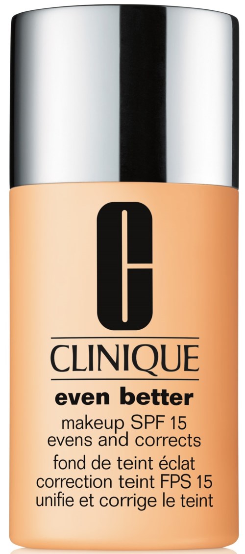 En flaske Clinique foundation med SPF 15, mærket 'even better', i beige farve med en sølvhætte.