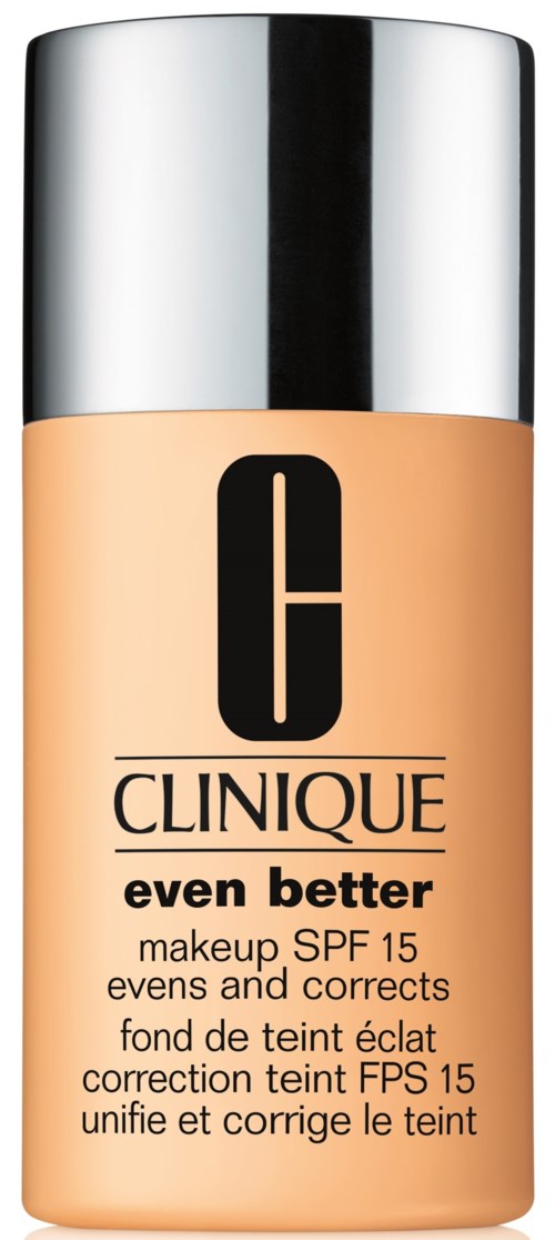 En flaske Clinique foundation med SPF 15 til aften og korrigering. Den har et sølvhoved og en beige flaske.