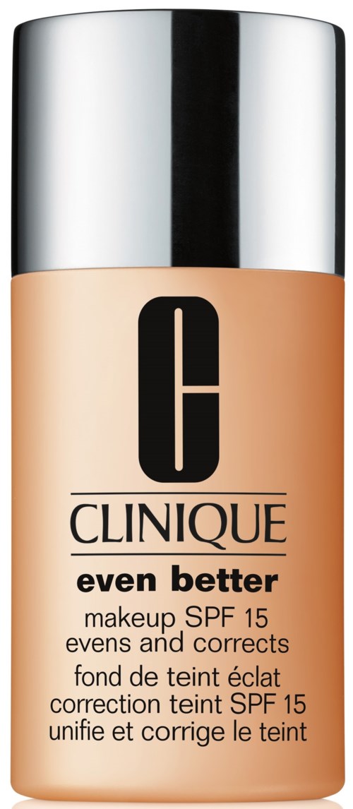 Butelka podkładu Clinique SPF 15, oznaczona "even better," w kolorze beżowym z srebrną nakrętką.