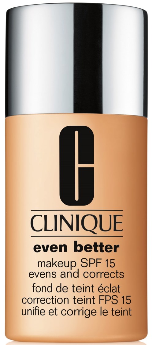 En flaske Clinique makeup med SPF 15, mærket 'even better', i beige hudfarve med sølvhætte.