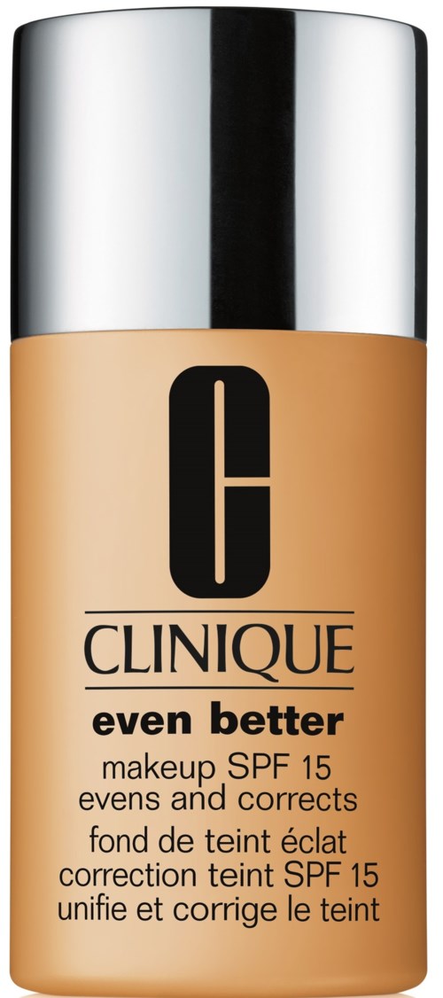 Een fles Clinique foundation met zilveren dop, met de tekst "even better" en SPF 15, bedoeld om huiduitzien te verbeteren.