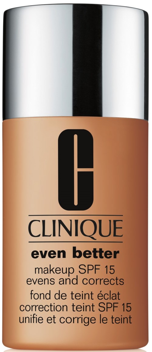 Butelka podkładu Clinique z SPF 15, oznaczona 'even better,' w beżowej postaci płynnej, z srebrną nakrętką.