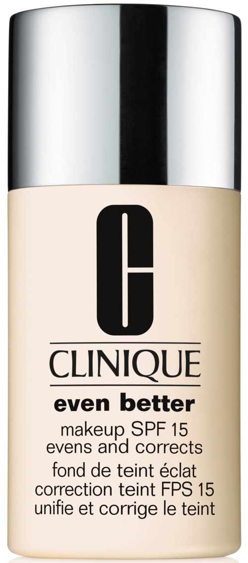 En beige flaske med metallhætte, mærket 'Clinique even better' med SPF 15 til makeup og hudkorrektion.