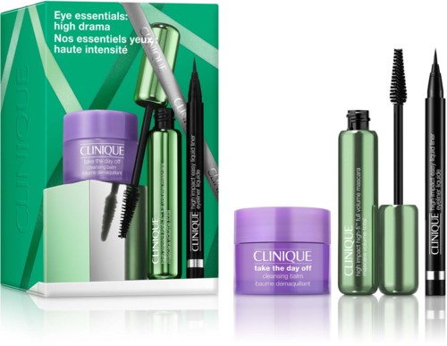 Clinique Augenset mit Creme, Mascara, Bleistift und Eyeliner in grüner Verpackung.