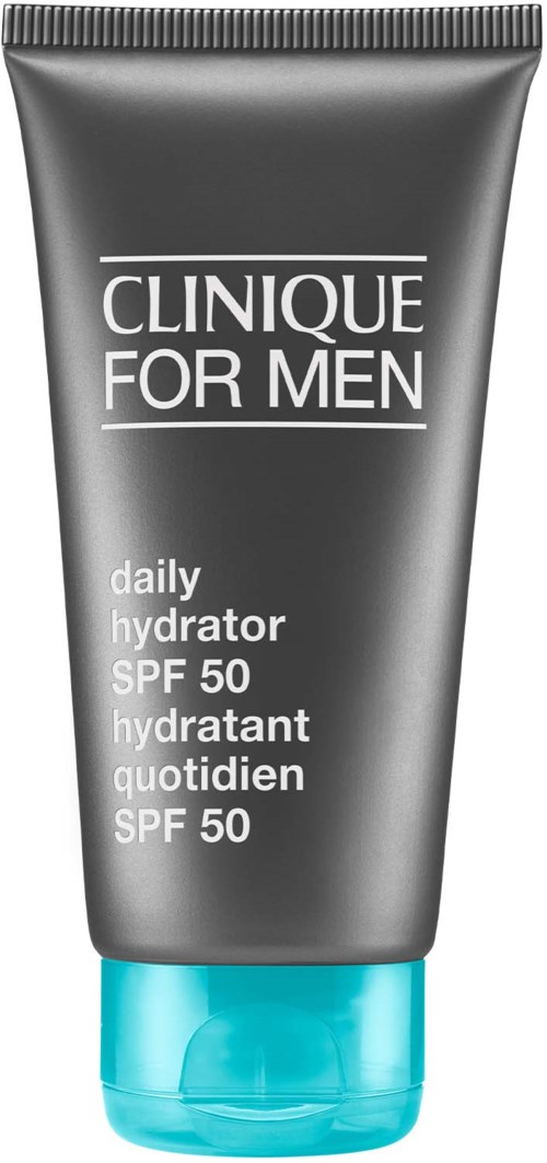 En grå tube med Clinique for Men daglig fuktighetskrem med SPF 50 og turkis lokk.