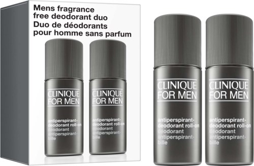 Twee flessen Clinique For Men-antitranspirant met witte tekst op grijze verpakking, getoond met een doos.