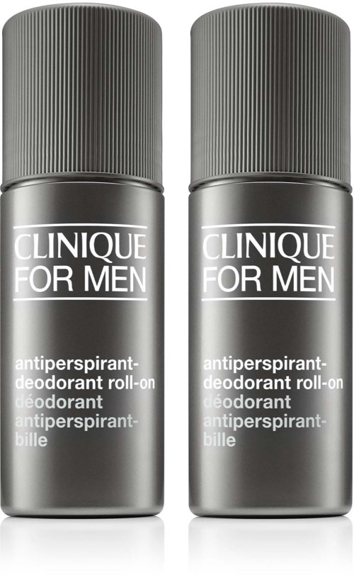 Twee grijze flessen Clinique for Men antitranspirant roll-on naast elkaar.