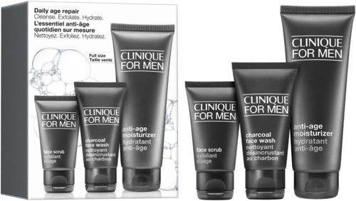 En uppsättning Clinique for Men hudvårdsprodukter inklusive ansiktsskrubb och anti-age fuktkräm i svarta tuber.