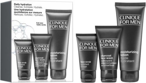 Ett sortiment av Clinique for Men hudvårdsprodukter, inklusive ansiktsskrubb och fuktgivande lotion, i svart förpackning.